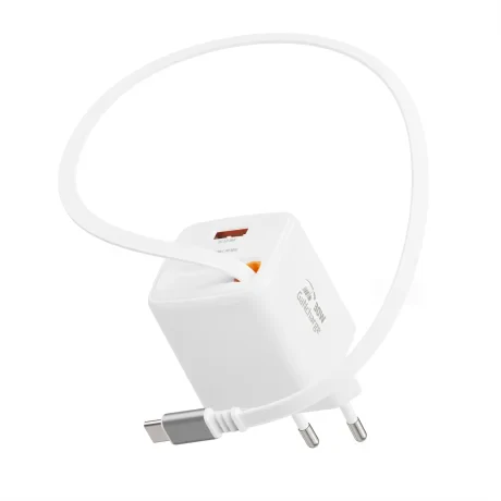 Încărcător de călătorie SWISSTEN SlideCHARGE GAN 30W, 1× USB-A 18W cu cablu retractabil USB-C de 0,75 m, alb