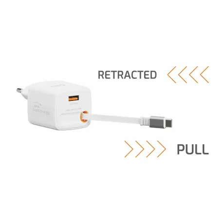 Încărcător de călătorie SWISSTEN SlideCHARGE GAN 30W, 1× USB-A 18W cu cablu retractabil USB-C de 0,75 m, alb