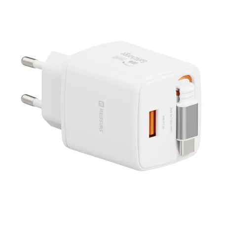Încărcător de călătorie SWISSTEN SlideCHARGE GAN 30W, 1× USB-A 18W cu cablu retractabil USB-C de 0,75 m, alb