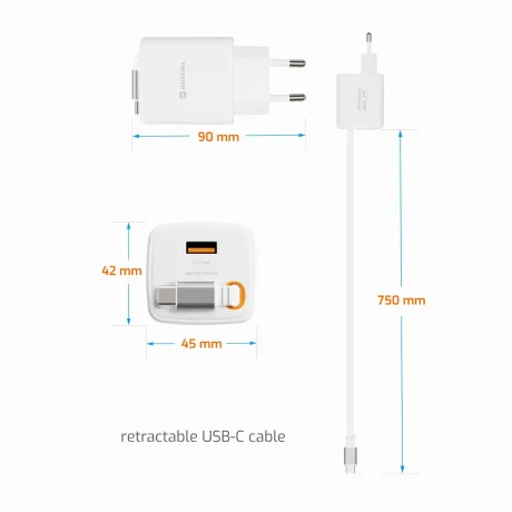 Încărcător de călătorie SWISSTEN SlideCHARGE GAN 30W, 1× USB-A 18W cu cablu retractabil USB-C de 0,75 m, alb