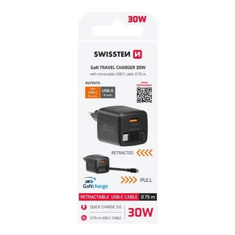 Încărcător de călătorie SWISSTEN SlideCHARGE GAN 30W, 1× USB-A 18W cu cablu retractabil USB-C de 0,75 m, negru