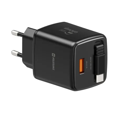 Încărcător de călătorie SWISSTEN SlideCHARGE GAN 30W, 1× USB-A 18W cu cablu retractabil USB-C de 0,75 m, negru