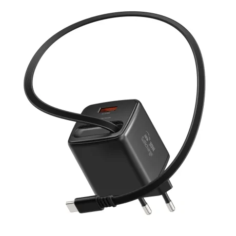 Încărcător de călătorie SWISSTEN SlideCHARGE GAN 30W, 1× USB-A 18W cu cablu retractabil USB-C de 0,75 m, negru