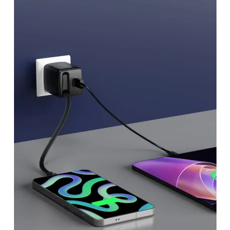 Încărcător de călătorie SWISSTEN SlideCHARGE GAN 30W, 1× USB-A 18W cu cablu retractabil USB-C de 0,75 m, negru