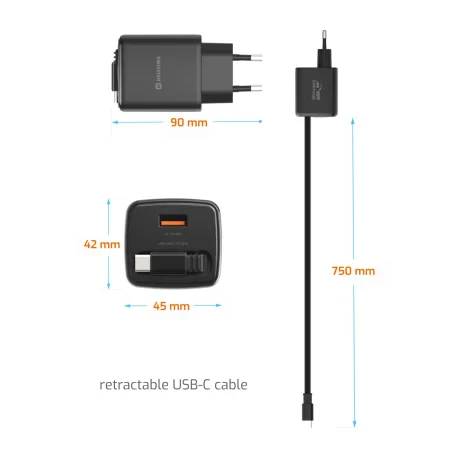Încărcător de călătorie SWISSTEN SlideCHARGE GAN 30W, 1× USB-A 18W cu cablu retractabil USB-C de 0,75 m, negru