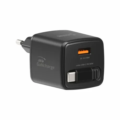 Încărcător de călătorie SWISSTEN SlideCHARGE GAN 30W, 1× USB-A 18W cu cablu retractabil USB-C de 0,75 m, negru
