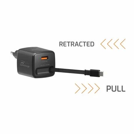 Încărcător de călătorie SWISSTEN SlideCHARGE GAN 30W, 1× USB-A 18W cu cablu retractabil USB-C de 0,75 m, negru