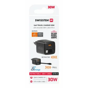 Încărcător de călătorie SWISSTEN SlideCHARGE GAN 30W, 1× USB-A 18W cu cablu retractabil USB-C de 0,75 m, negru