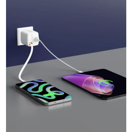 Încărcător de călătorie SWISSTEN SlideCHARGE GAN 45W, 1× USB-A 18W cu cablu retractabil USB-C de 0,75 m, alb