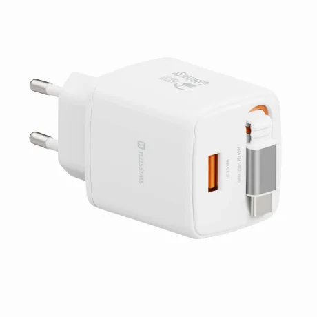 Încărcător de călătorie SWISSTEN SlideCHARGE GAN 45W, 1× USB-A 18W cu cablu retractabil USB-C de 0,75 m, alb
