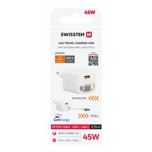 Încărcător de călătorie SWISSTEN SlideCHARGE GAN 45W, 1× USB-A 18W cu cablu retractabil USB-C de 0,75 m, alb