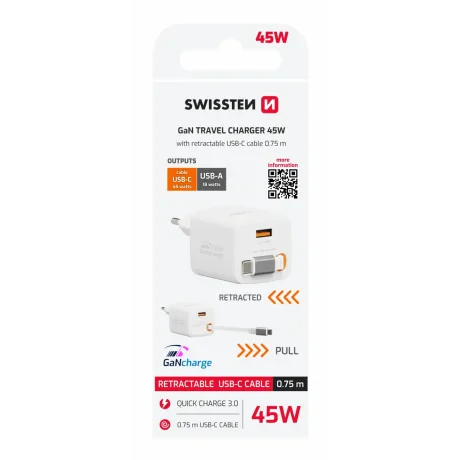 Încărcător de călătorie SWISSTEN SlideCHARGE GAN 45W, 1× USB-A 18W cu cablu retractabil USB-C de 0,75 m, alb