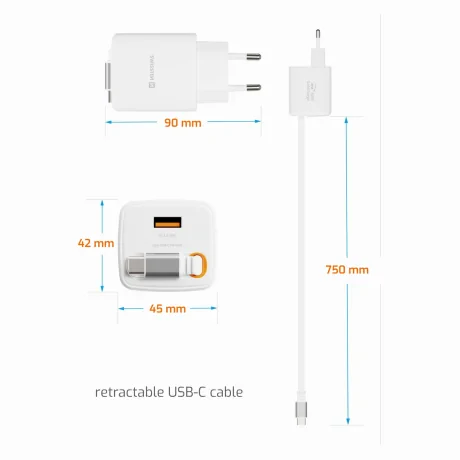 Încărcător de călătorie SWISSTEN SlideCHARGE GAN 45W, 1× USB-A 18W cu cablu retractabil USB-C de 0,75 m, alb