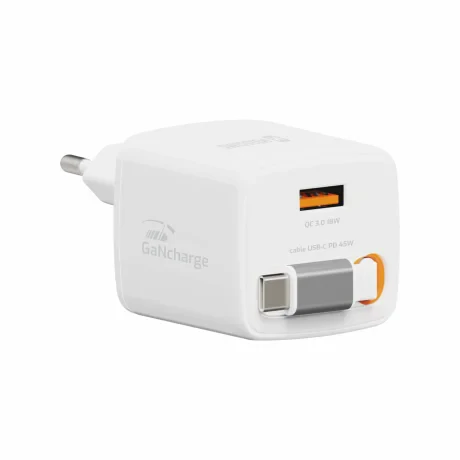 Încărcător de călătorie SWISSTEN SlideCHARGE GAN 45W, 1× USB-A 18W cu cablu retractabil USB-C de 0,75 m, alb