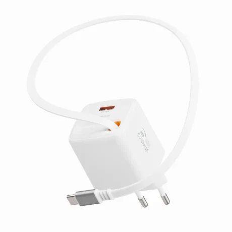 Încărcător de călătorie SWISSTEN SlideCHARGE GAN 45W, 1× USB-A 18W cu cablu retractabil USB-C de 0,75 m, alb