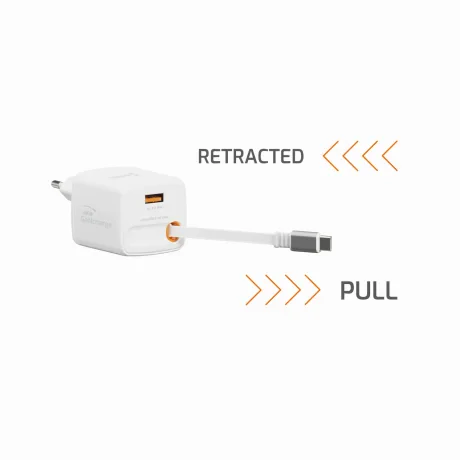Încărcător de călătorie SWISSTEN SlideCHARGE GAN 45W, 1× USB-A 18W cu cablu retractabil USB-C de 0,75 m, alb