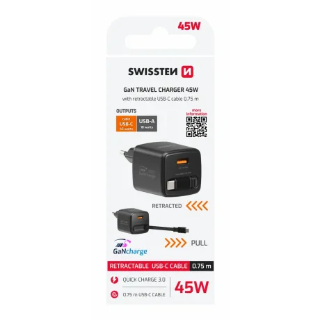 Încărcător de călătorie SWISSTEN SlideCHARGE GAN 45W, 1× USB-A 18W cu cablu retractabil USB-C de 0,75 m, negru
