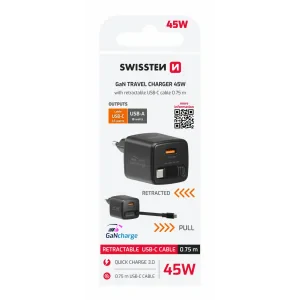 Încărcător de călătorie SWISSTEN SlideCHARGE GAN 45W, 1× USB-A 18W cu cablu retractabil USB-C de 0,75 m, negru