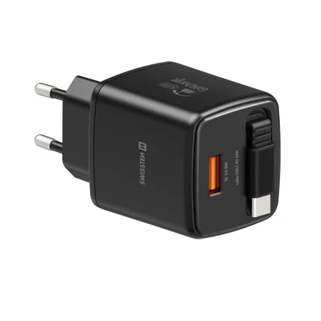 Încărcător de călătorie SWISSTEN SlideCHARGE GAN 45W, 1× USB-A 18W cu cablu retractabil USB-C de 0,75 m, negru