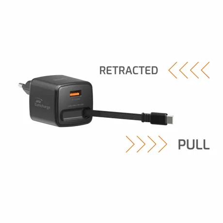 Încărcător de călătorie SWISSTEN SlideCHARGE GAN 45W, 1× USB-A 18W cu cablu retractabil USB-C de 0,75 m, negru