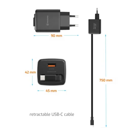 Încărcător de călătorie SWISSTEN SlideCHARGE GAN 45W, 1× USB-A 18W cu cablu retractabil USB-C de 0,75 m, negru