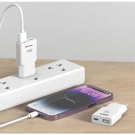 Încărcător de călătorie SWISSTEN SLIM GaN USB-C + USB-A 30W alb