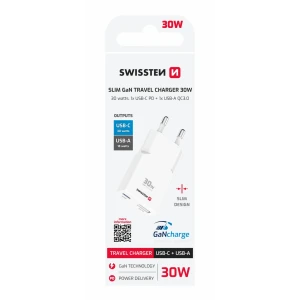 Încărcător de călătorie SWISSTEN SLIM GaN USB-C + USB-A 30W alb