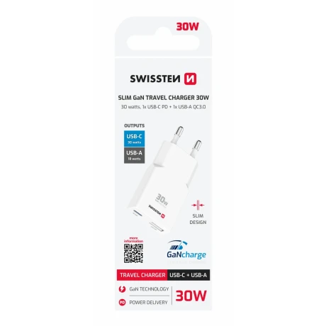 Încărcător de călătorie SWISSTEN SLIM GaN USB-C + USB-A 30W alb