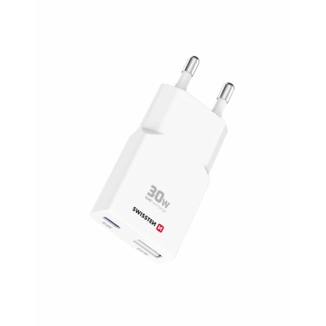 Încărcător de călătorie SWISSTEN SLIM GaN USB-C + USB-A 30W alb