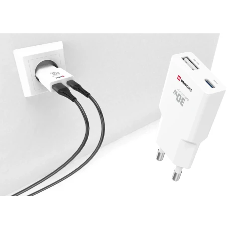 Încărcător de călătorie SWISSTEN SLIM GaN USB-C + USB-A 30W alb