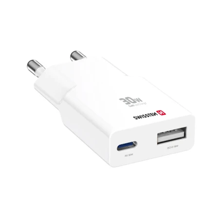 Încărcător de călătorie SWISSTEN SLIM GaN USB-C + USB-A 30W alb