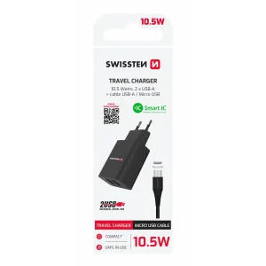 Încărcător de călătorie Swissten Smart IC cu 2x USB 2.1A Alimentare + Cablu de date USB / Micro USB 1.2 m Negru