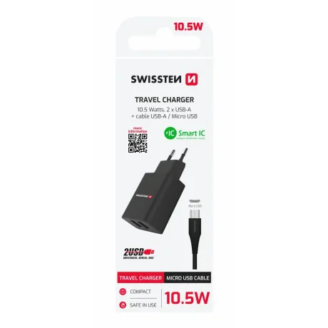 Încărcător de călătorie Swissten Smart IC cu 2x USB 2.1A Alimentare + Cablu de date USB / Micro USB 1.2 m Negru