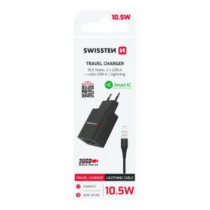 Încărcător de călătorie Swissten Smart IC cu 2x USB 2.1A, cablu de alimentare + date, USB / Lightning, 1.2 m, negru
