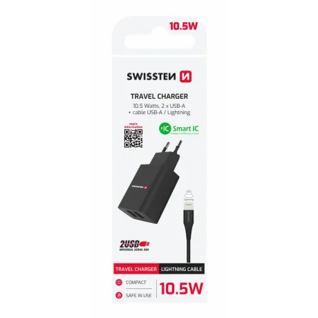 Încărcător de călătorie Swissten Smart IC cu 2x USB 2.1A, cablu de alimentare + date, USB / Lightning, 1.2 m, negru