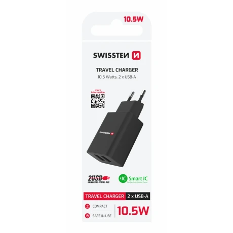 Încărcător de călătorie Swissten Smart IC cu 2x USB 2.1A Power, negru