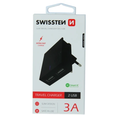 Încărcător de călătorie Swissten Smart IC cu 2x USB 3A Power, negru