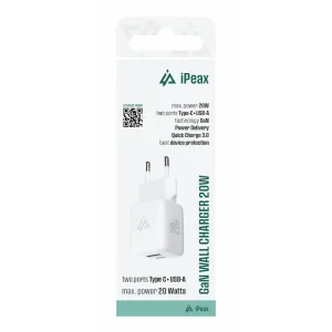 Încărcător de perete iPEAX GaN 20W (USB-C + USB-A) alb