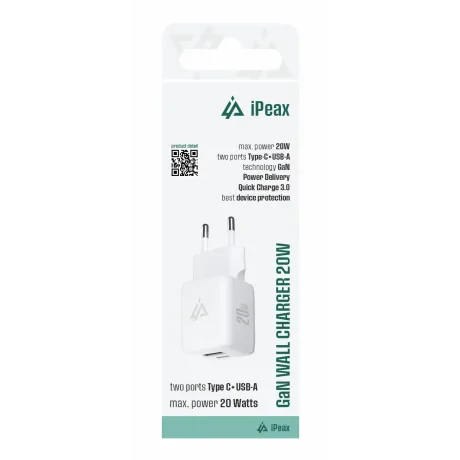 Încărcător de perete iPEAX GaN 20W (USB-C + USB-A) alb