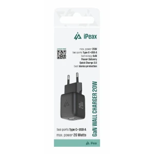 Încărcător de perete iPEAX GaN 20W (USB-C + USB-A) negru