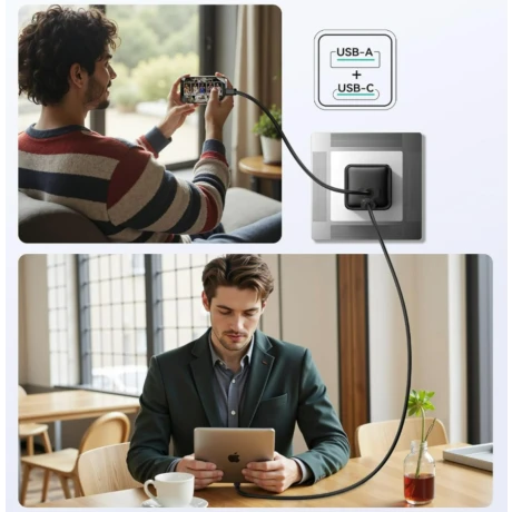 Încărcător de perete iPEAX GaN 20W (USB-C + USB-A) negru