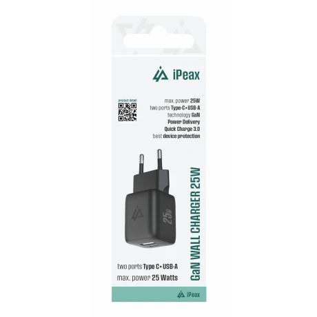 Încărcător de perete iPEAX GaN 25W (USB-C + USB-A) negru