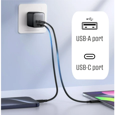 Încărcător de perete iPEAX GaN 25W (USB-C + USB-A) negru