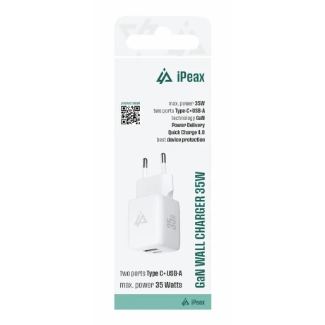 Încărcător de perete iPEAX GaN 35W (USB-C + USB-A) alb