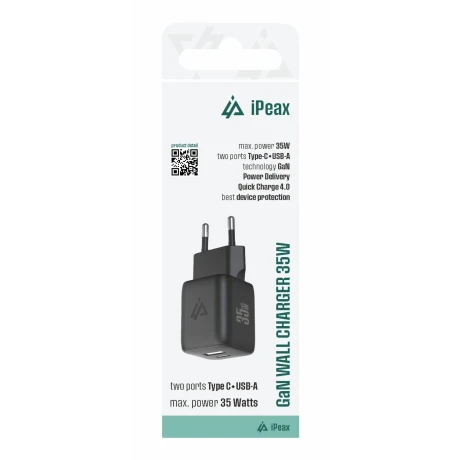 Încărcător de perete iPEAX GaN 35W (USB-C + USB-A) negru