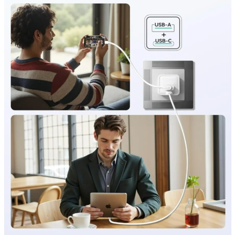 Încărcător de perete iPEAX GaN 45W (USB-C + USB-A) alb