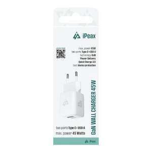 Încărcător de perete iPEAX GaN 45W (USB-C + USB-A) alb