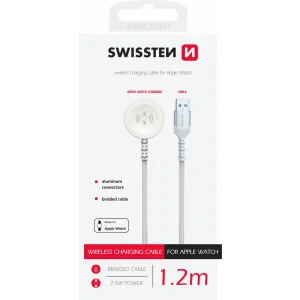 Încărcător magnetic wireless Swissten cu fir împletit pentru Apple Watch, metal, USB-A 1.2 m, alb