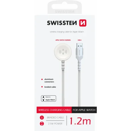 Încărcător magnetic wireless Swissten cu fir împletit pentru Apple Watch, metal, USB-A 1.2 m, alb