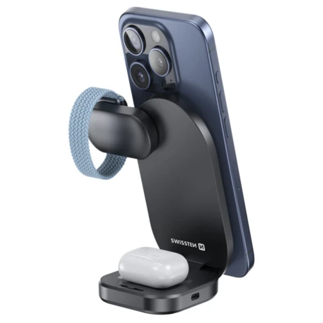 Încărcător pliabil fără fir SWISSTEN Qi2 MagBase 3 în 1 negru (compatibil cu MagSafe)